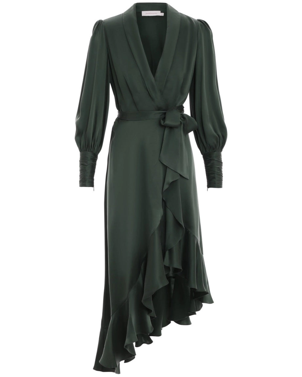 Dark Green Silk Wrap Midi Dress