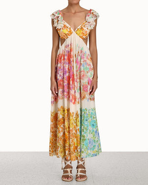 Multicolor Floral Raie Frill Shoulder Maxi Dress