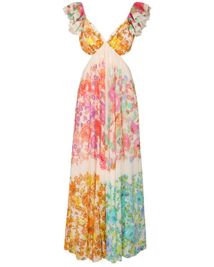 Multicolor Floral Raie Frill Shoulder Maxi Dress