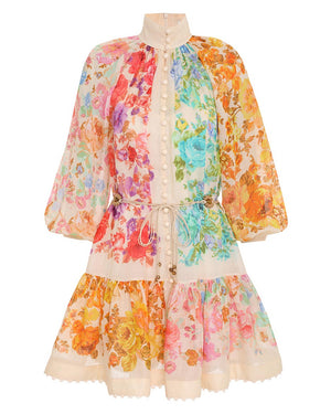 Multicolor Floral Raie Lantern Mini Dress