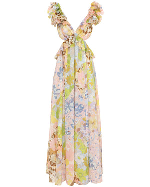 Patch Floral Pop Ruffle Sleeve Maxi Dress