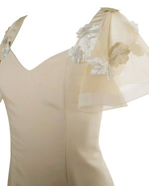 Beige Silk Faille Floral Appliqued Fit and Flare with Petal Train