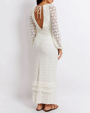 Ivory Crochet Plunge Fringe Trim Maxi Dress