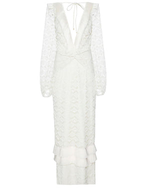 Ivory Crochet Plunge Fringe Trim Maxi Dress