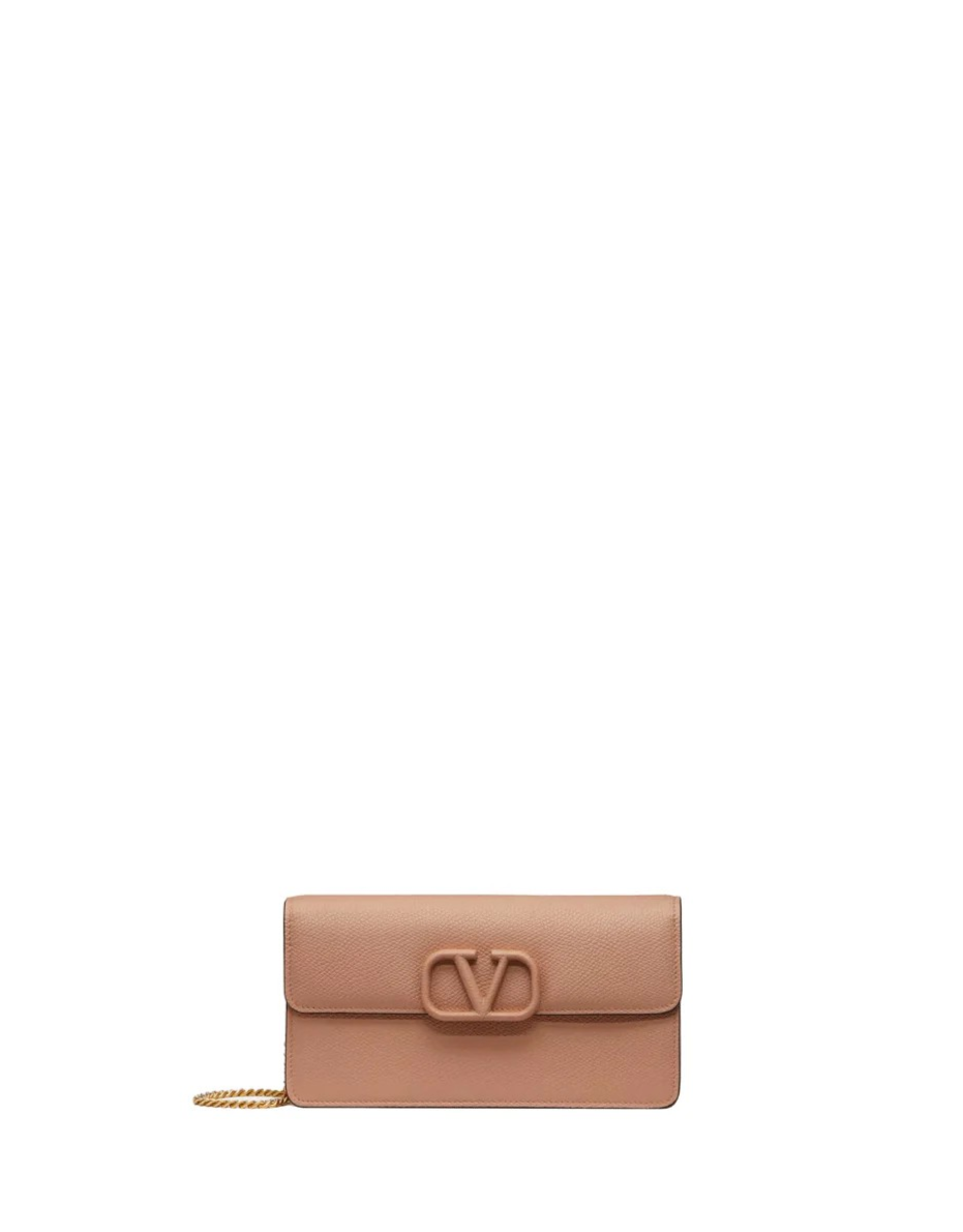 VLogo Signature Leather Wallet on Chain in Rose Cannelle