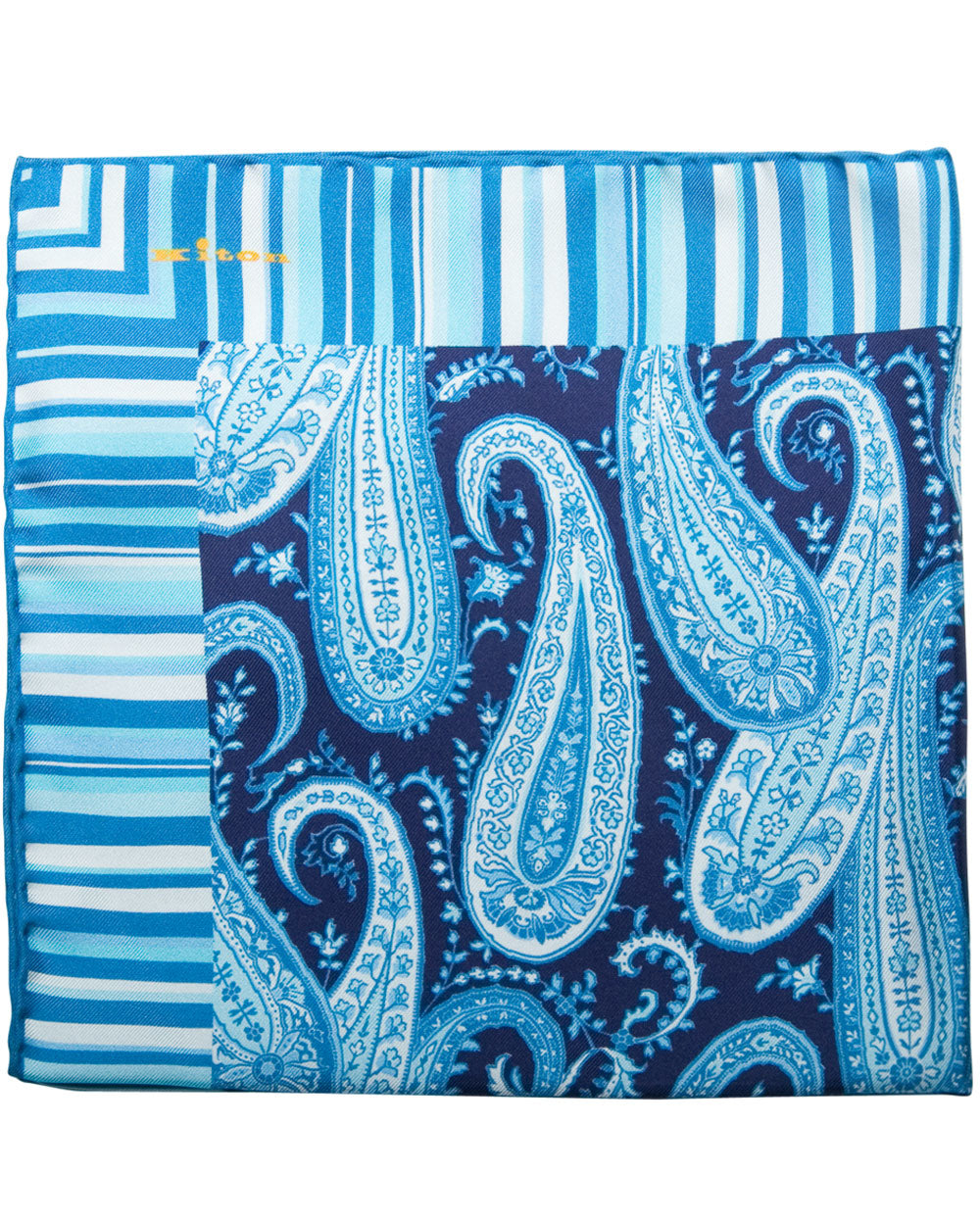 Sky Blue and Navy Paisley and Stripe Silk Pocket Square