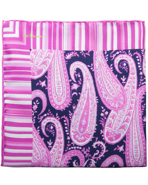 Pink and Navy Paisley and Stripe Silk Pocket Square
