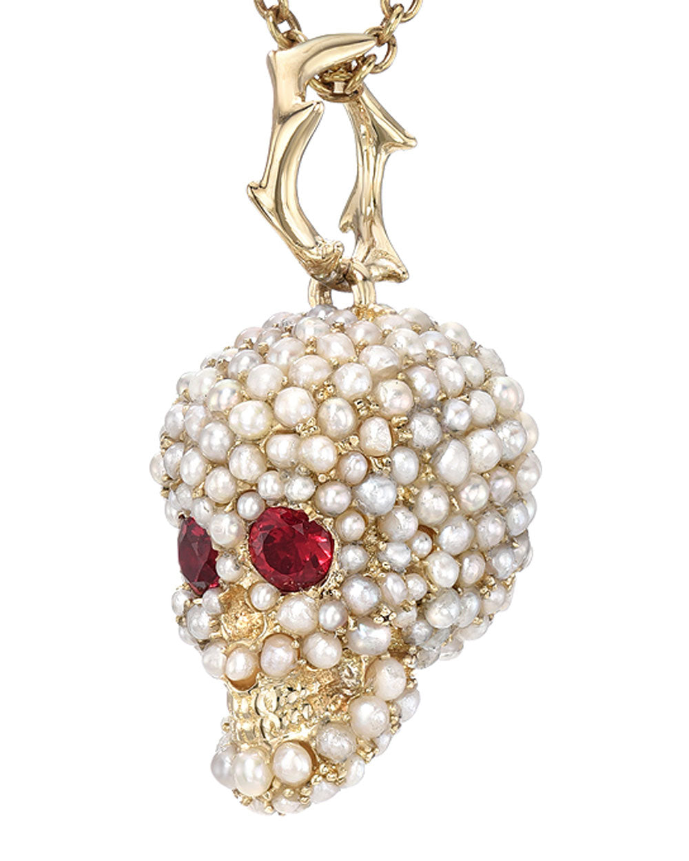 14k Yellow Gold Ruby and Pearl Skull Pendant