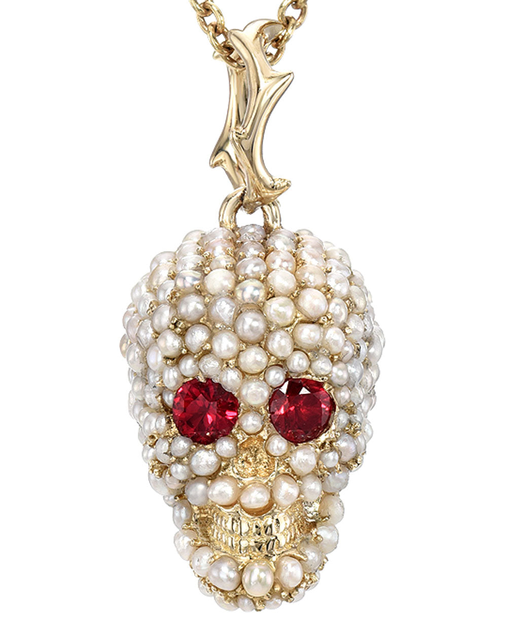 14k Yellow Gold Ruby and Pearl Skull Pendant
