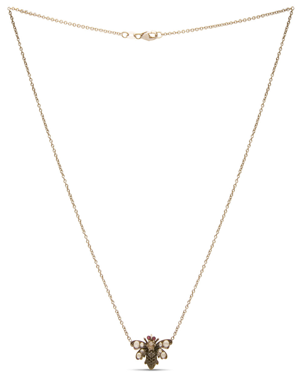 18k White Gold Diamond and Ruby Baby Bee Necklace