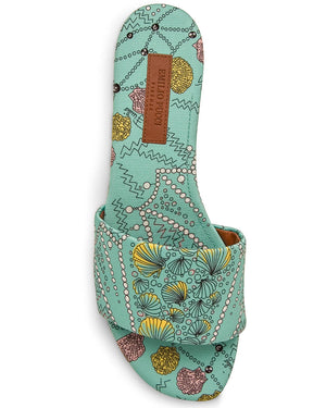 Conchiglie Print Slide Sandal in Turquoise