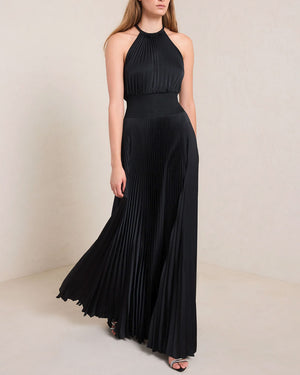 Black Renata Satin Pleated Dress