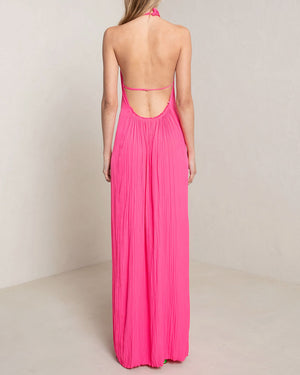 Neon Pink Pleated Halter Rio Maxi Dress