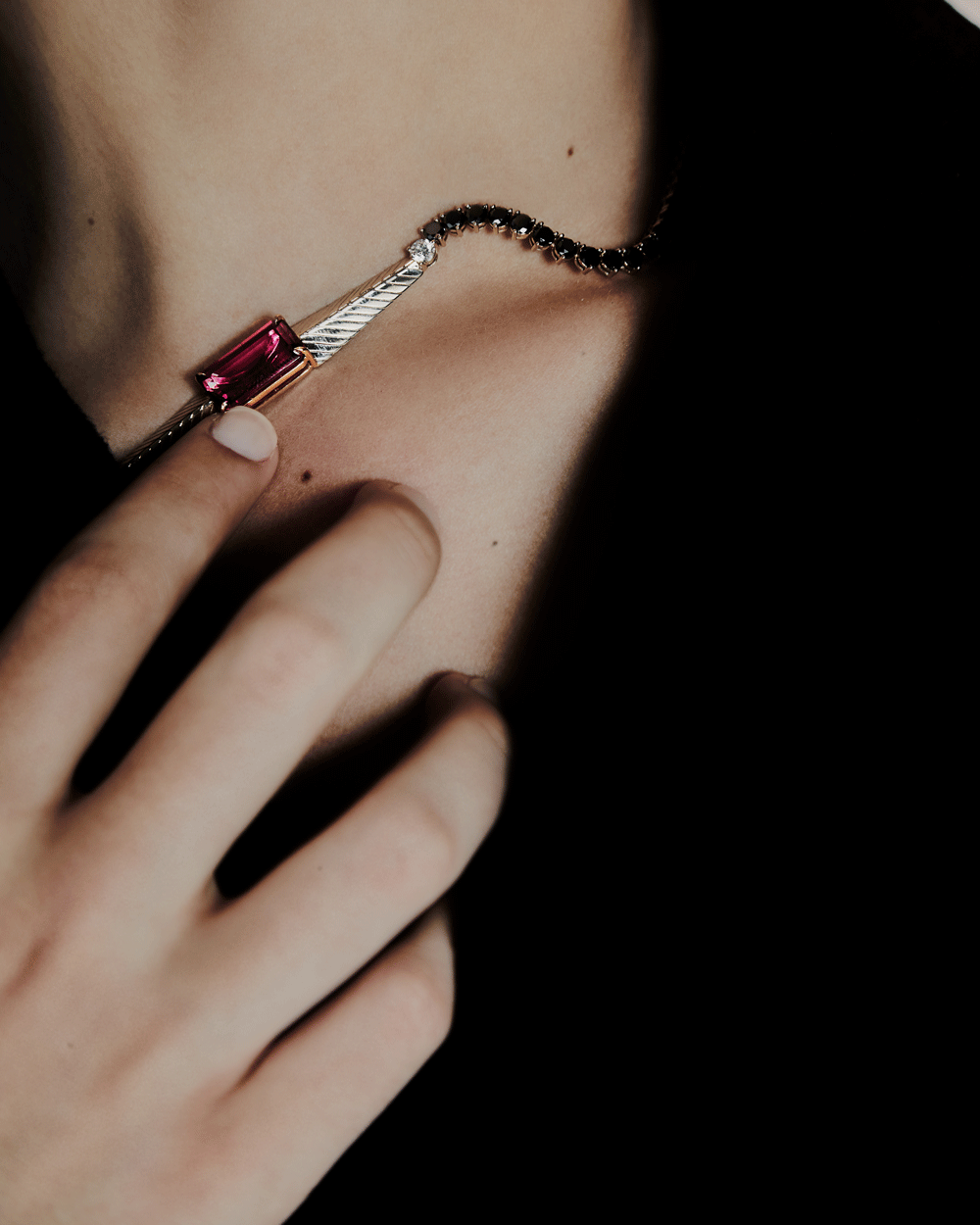 Embrace Necklace with Black Diamonds and Rubellite