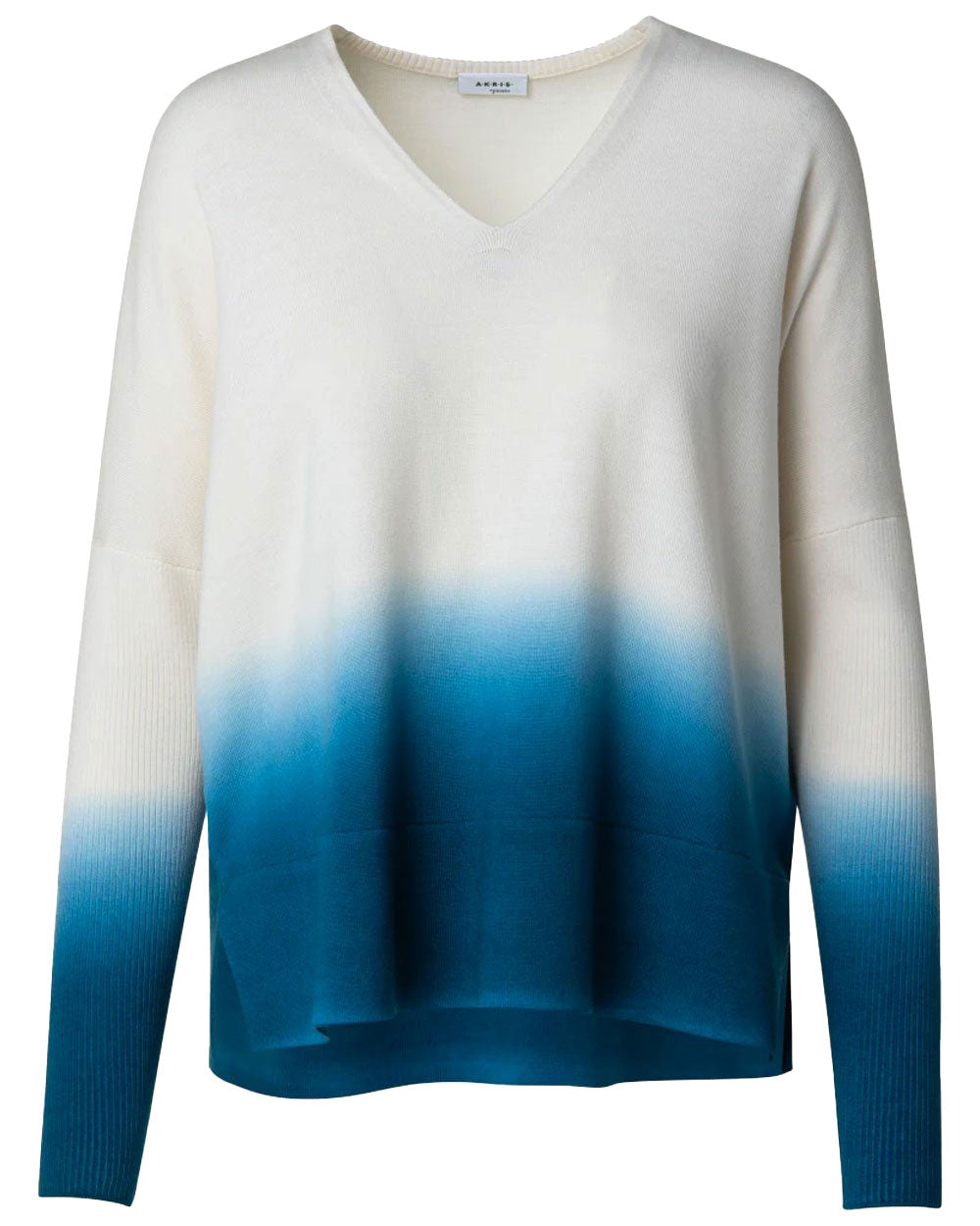 Cream and Blue Dip Dye V-Neck Sweater