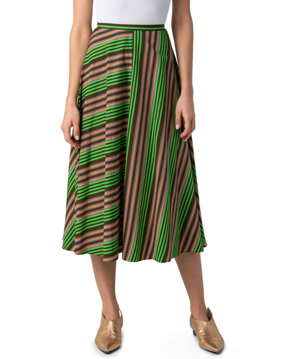 Green and Teak Multi Striped Midi Skirt