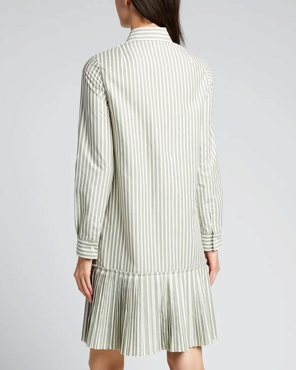 Olive and Cream Striped Pleated Hem Shirt Dress