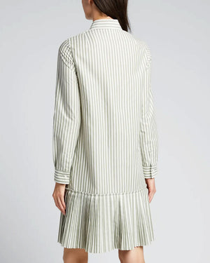 Olive and Cream Striped Pleated Hem Shirt Dress