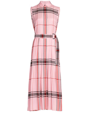 Soft Pink Plaid Pleated Sleeveless Dress