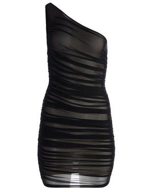 Black Ruched Asymmertrical Cruz Mini Dress