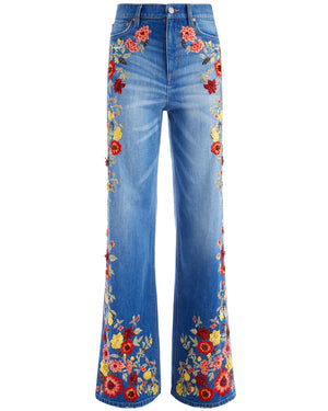 Embroidered Wide Leg Jean in Pasadena Blue