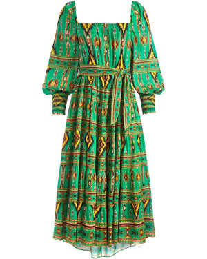 Emerald Ikat Rowen Tiered High Low Midi Dress