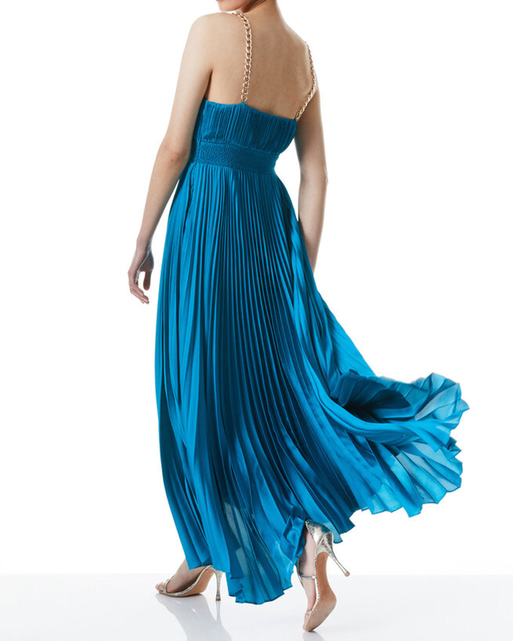 Ocean Blue Chain Strap Pleated Gloria Maxi Dress