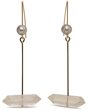 Grey Pearl and Quartz Double Point Earrings