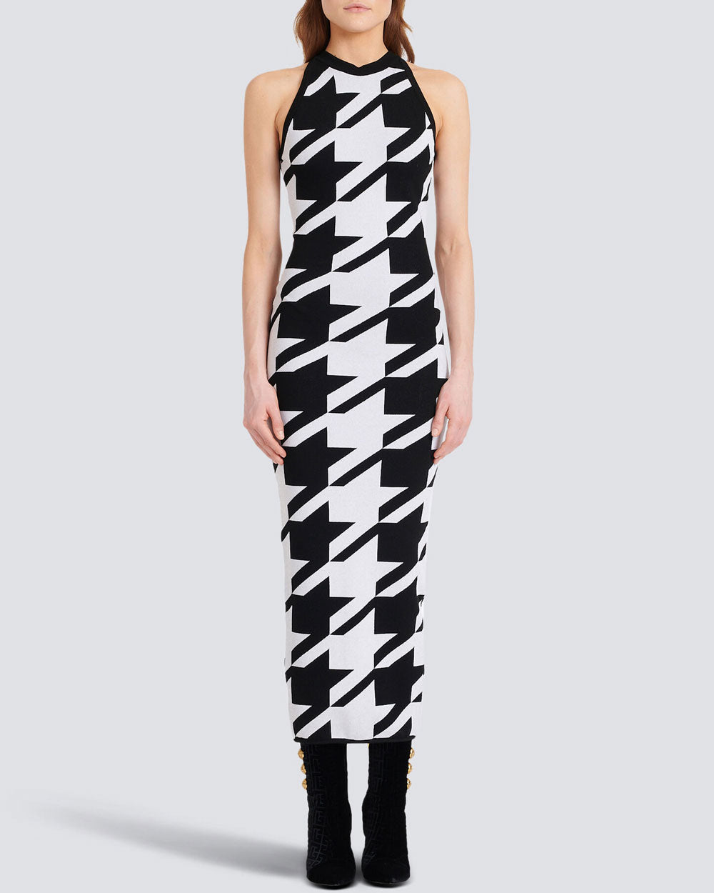 Noir and Blanc Houndstooth Knit Midi Dress