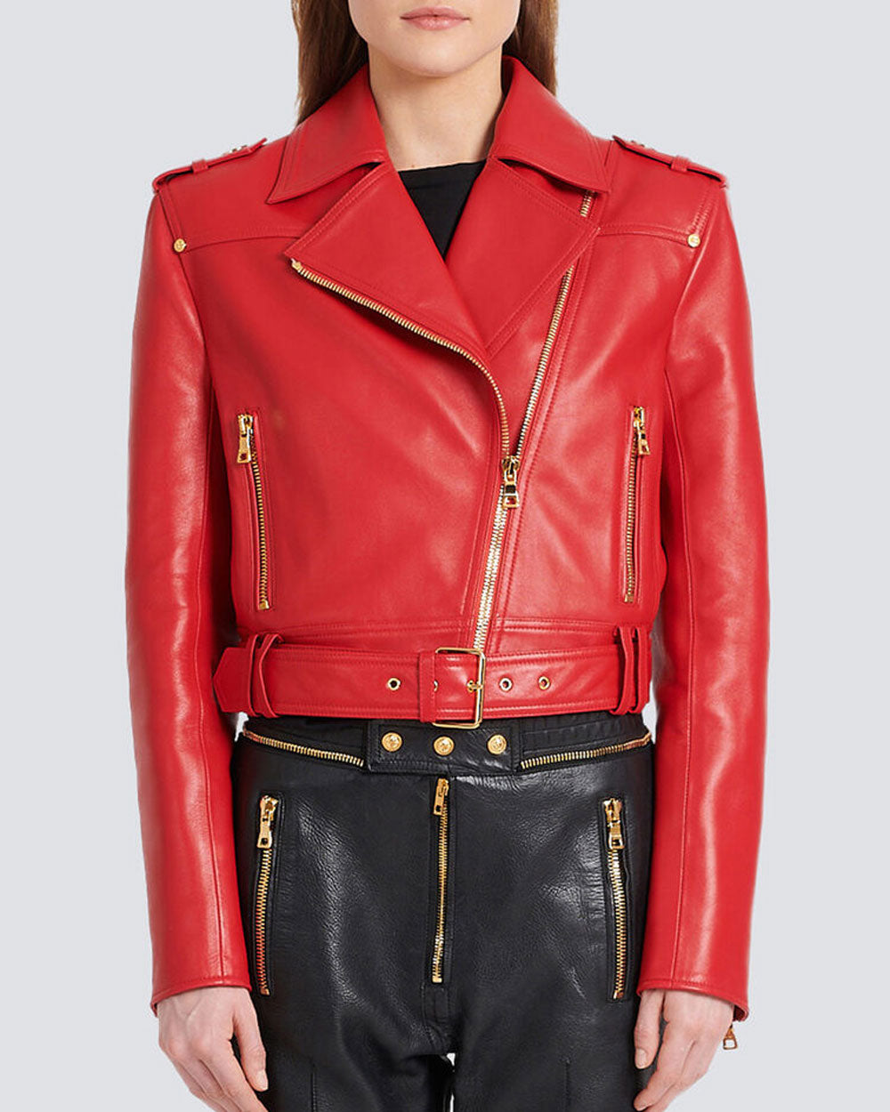 Rouge Leather Cropped Belted Biker Jacket