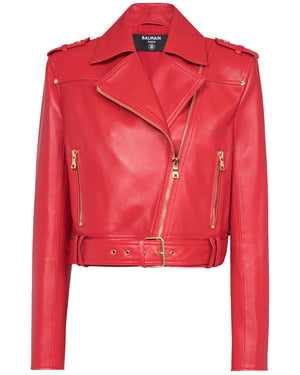 Rouge Leather Cropped Belted Biker Jacket