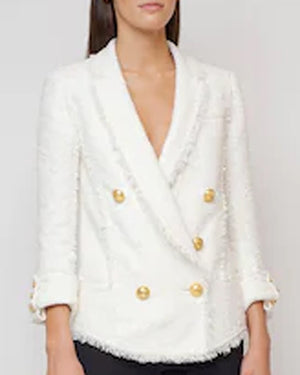 White Tweed Frayed Long Jacket