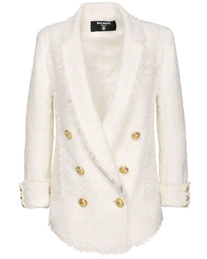 White Tweed Frayed Long Jacket