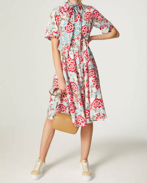 Red and Light Blue Floral Print Adrienne Dress