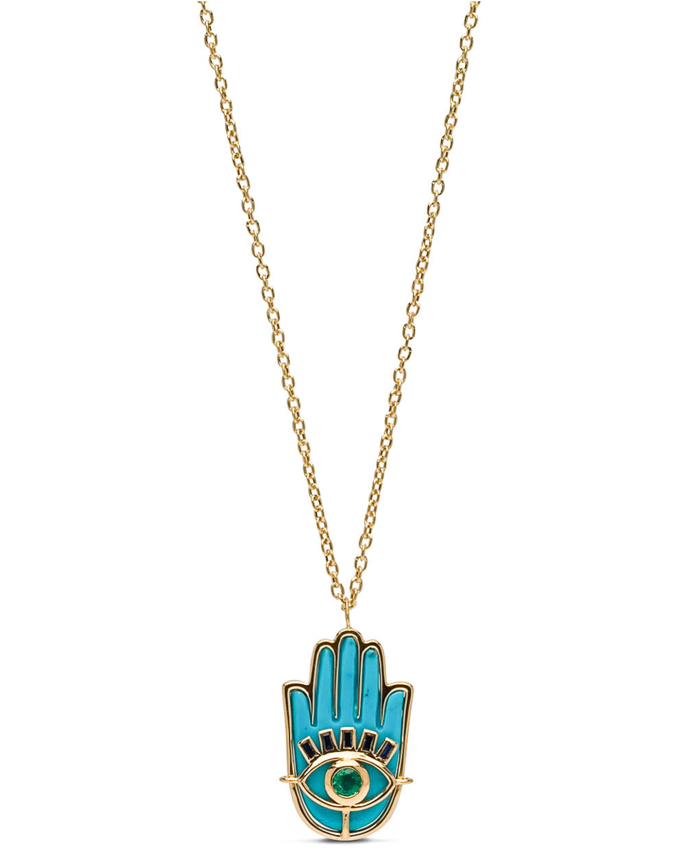 Turquoise and Blue Sapphire Hamsa Pendant Necklace