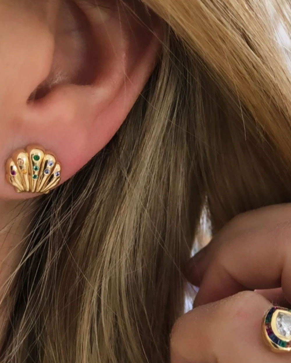 Yellow Gold Small Rainbow Shell Stud Earrings