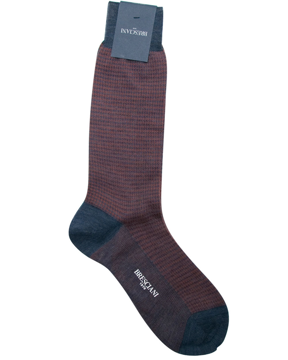 Blue and Terra Cotta Merino Wool Houndstooth Midcalf Socks