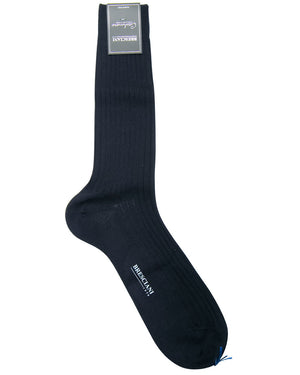 Cashmere and Silk Ribbed Mid Calf Socks in Navy