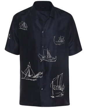 Navy and White Sailboat Print Short Sleeve Cuban Shirt