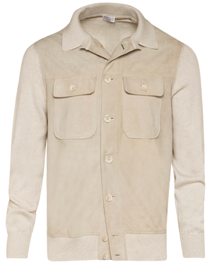 Beige Suede and Cotton Knit Shirt Jacket