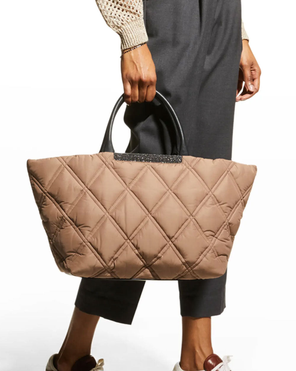 Beige Quilted Top Handle Tote