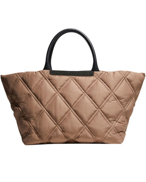 Beige Quilted Top Handle Tote