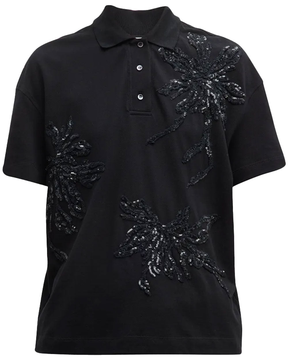 Black Embroidered Marine Flower Pique Polo
