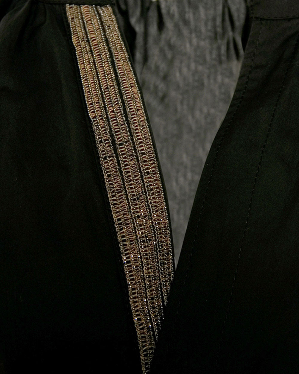 Black Monili Trim Crinkle Cotton Belted Dress