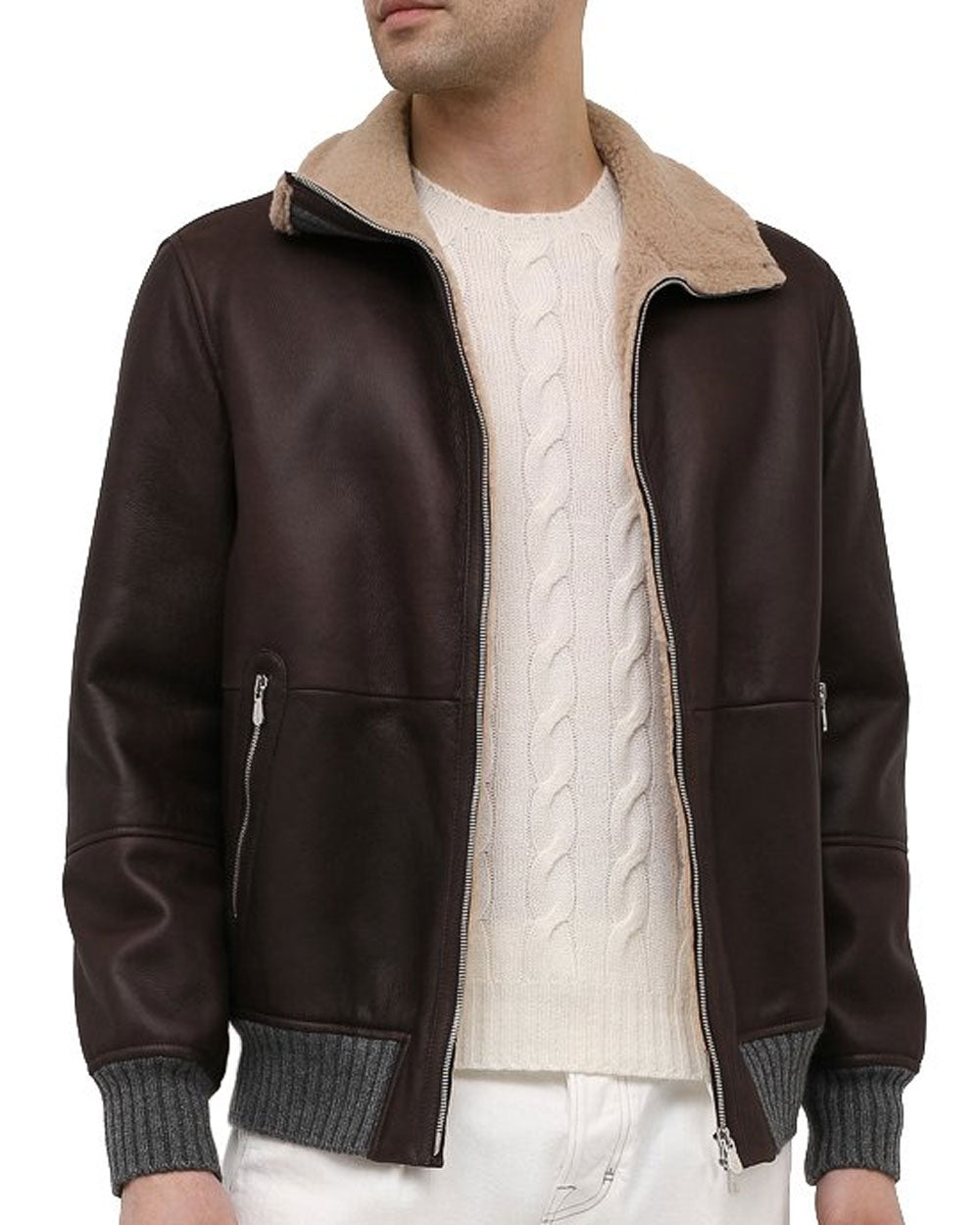 Brown Lambskin Leather and Shearling Bomber Jacket
