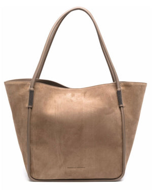 Camel Suede and Leather Top Handle Bag