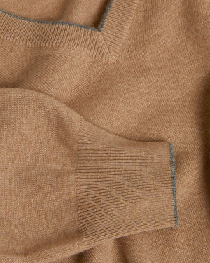 Camel V-Neck Cashmere Knit Sweater