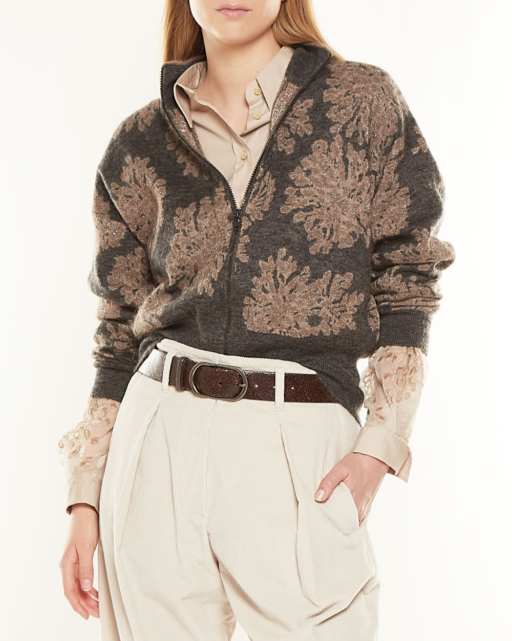 Charcoal Floral Motif Zip Front Knit Jacket