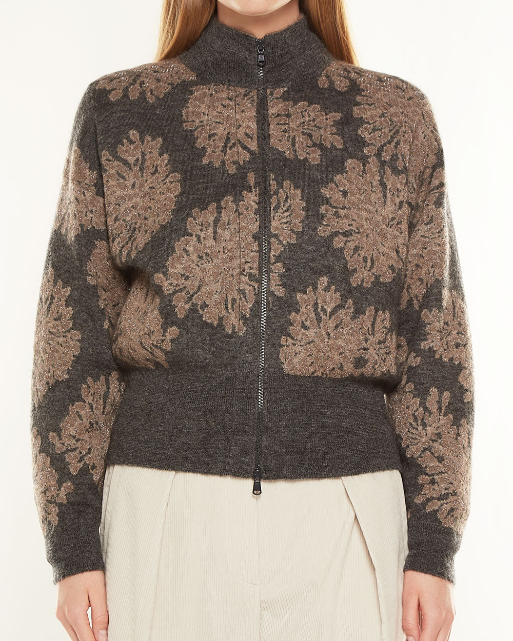 Charcoal Floral Motif Zip Front Knit Jacket