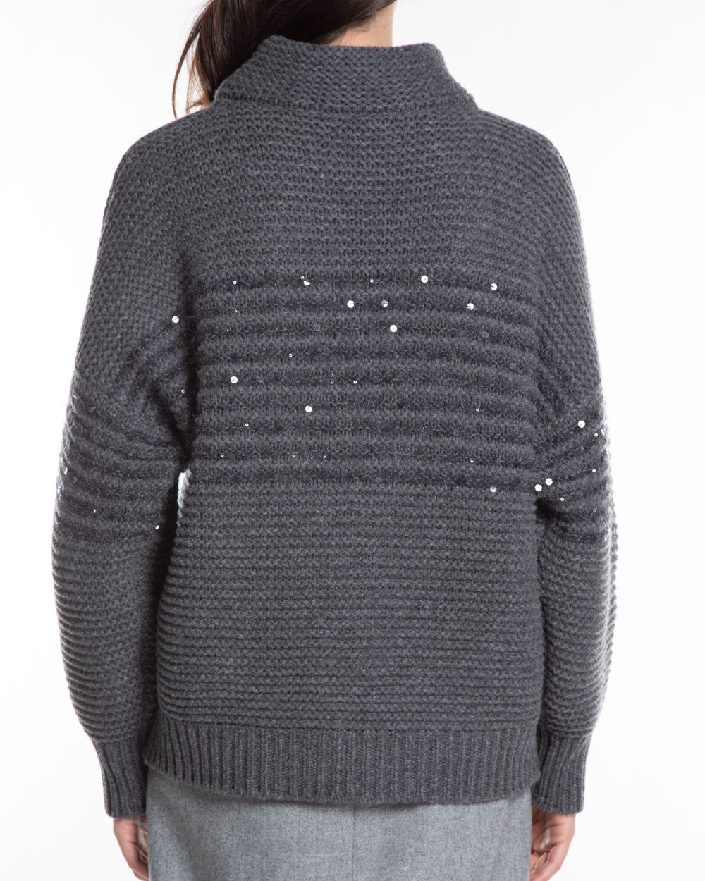 Charcoal Paillette Stripe Cashmere Mock Neck Sweater
